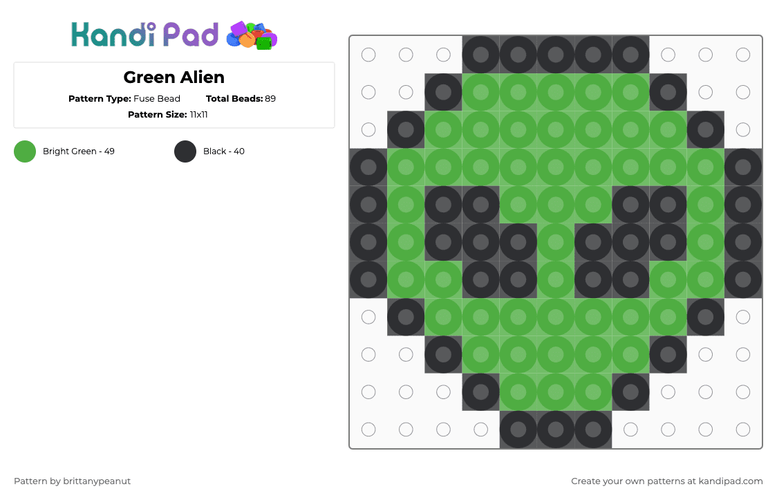Green Alien - Fuse Bead Pattern by brittanypeanut on Kandi Pad - green,black,alien