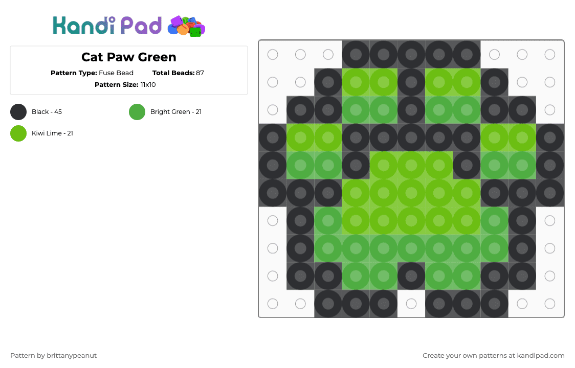 Cat Paw Green - Fuse Bead Pattern by brittanypeanut on Kandi Pad - black,green,cat,paw,kitty,animal,meow