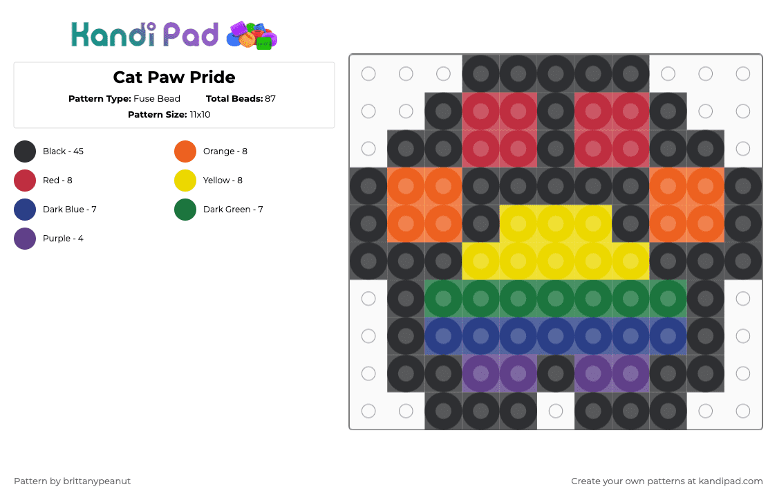 Cat Paw Pride - Fuse Bead Pattern by brittanypeanut on Kandi Pad - black,red,green,colorful,cat,paw,kitty,meow,pride,gay,lesbian,lgbtq