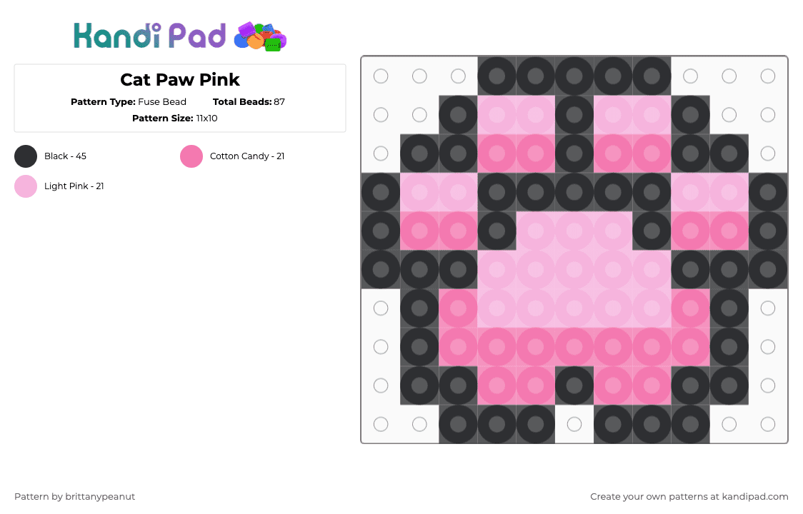 Cat Paw Pink - Fuse Bead Pattern by brittanypeanut on Kandi Pad - black,pink,cat,paw,kitty,meow,animal