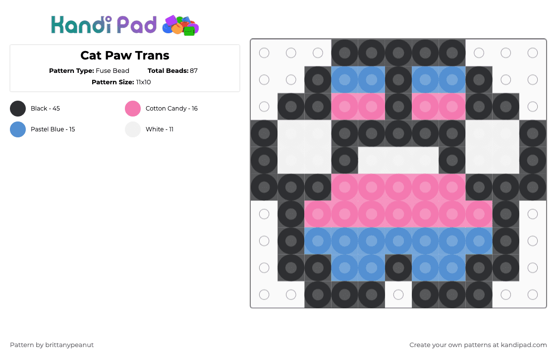 Cat Paw Trans - Fuse Bead Pattern by brittanypeanut on Kandi Pad - pink,light blue,cat,paw,pride,lgbtq,trans,transgender,kitty
