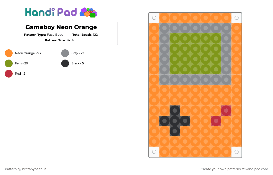 Gameboy Neon Orange - Fuse Bead Pattern by brittanypeanut on Kandi Pad - orange,gameboy,80s,game,video game,nostalgic,neon