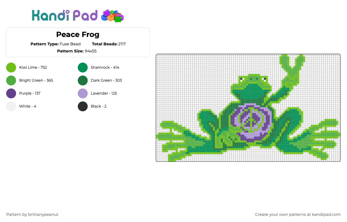 Peace Frog - Fuse Bead Pattern by brittanypeanut on Kandi Pad - green,frog,peace,purple,animal
