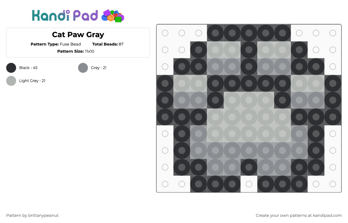Cat Paw Gray - Fuse Bead Pattern by brittanypeanut on Kandi Pad - gray,beige,cat,paw,kitty,animal,meow,grey