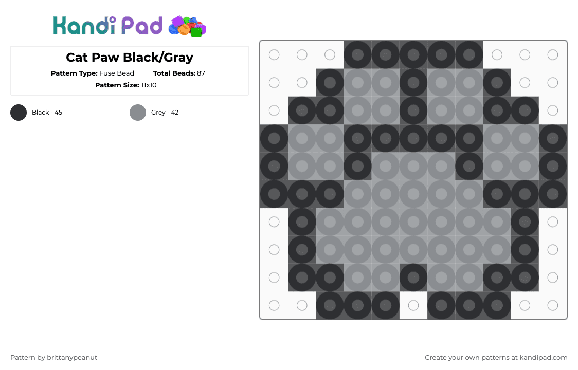 Cat Paw Black/Gray - Fuse Bead Pattern by brittanypeanut on Kandi Pad - black,gray,cat,paw,kitty,animal,meow