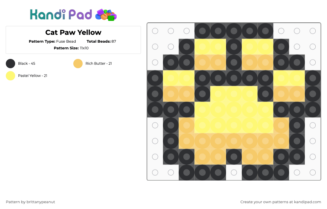 Cat Paw Yellow - Fuse Bead Pattern by brittanypeanut on Kandi Pad - black,yellow,cat,paw,kitty,animal,meow