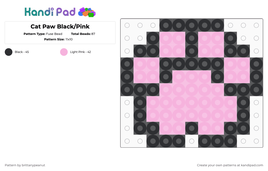 Cat Paw Black/Pink - Fuse Bead Pattern by brittanypeanut on Kandi Pad - black,pink,cat,paw,kitty,animal,meow