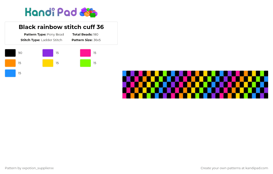 Black rainbow stitch cuff 36 - Pony Bead Pattern by xxpotion_supplierxx on Kandi Pad - black,pink,yellow,light blue,colorful