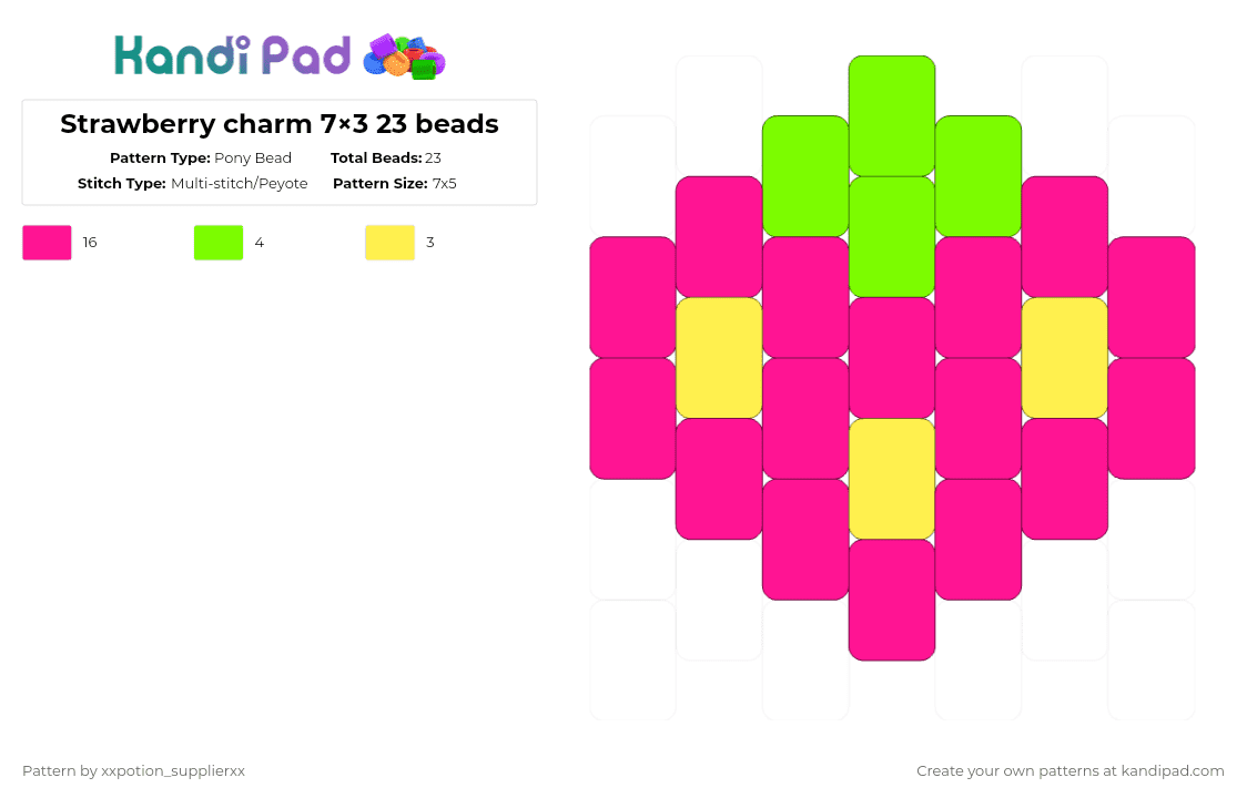 Strawberry charm 7×3 23 beads - Pony Bead Pattern by xxpotion_supplierxx on Kandi Pad - pink