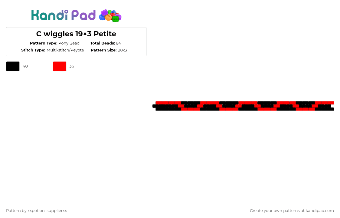 C wiggles 19×3 Petite - Pony Bead Pattern by xxpotion_supplierxx on Kandi Pad - black,red