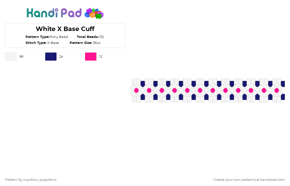 White X Base Cuff - Pony Bead Pattern by xxpotion_supplierxx on Kandi Pad - white,purple,pink