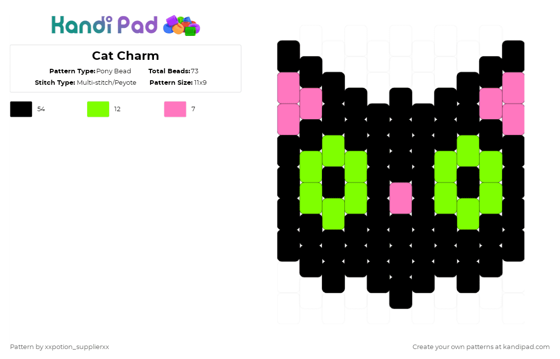 Cat Charm - Pony Bead Pattern by xxpotion_supplierxx on Kandi Pad - black,pink,green