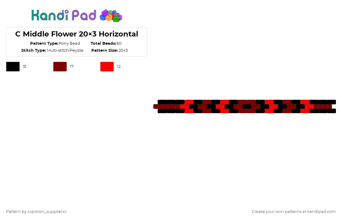 C Middle Flower 20×3 Horizontal - Pony Bead Pattern by xxpotion_supplierxx on Kandi Pad - red,brown