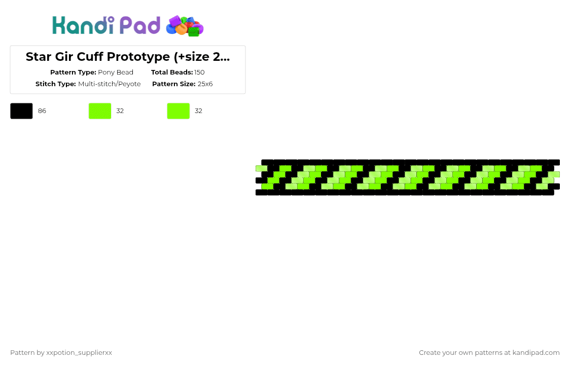 Star Gir Cuff Prototype (+size 25×6 horizontal) - Pony Bead Pattern by xxpotion_supplierxx on Kandi Pad - black,green