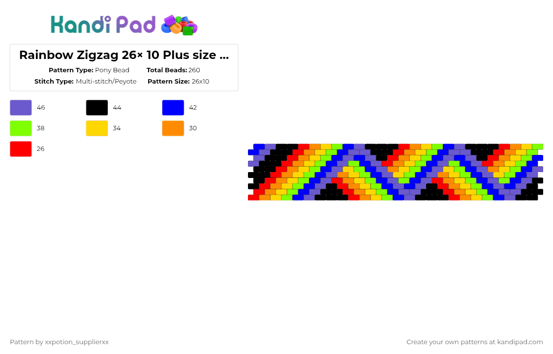 Rainbow Zigzag 26× 10 Plus size Horizontal cuff - Pony Bead Pattern by xxpotion_supplierxx on Kandi Pad - yellow,green,purple,blue