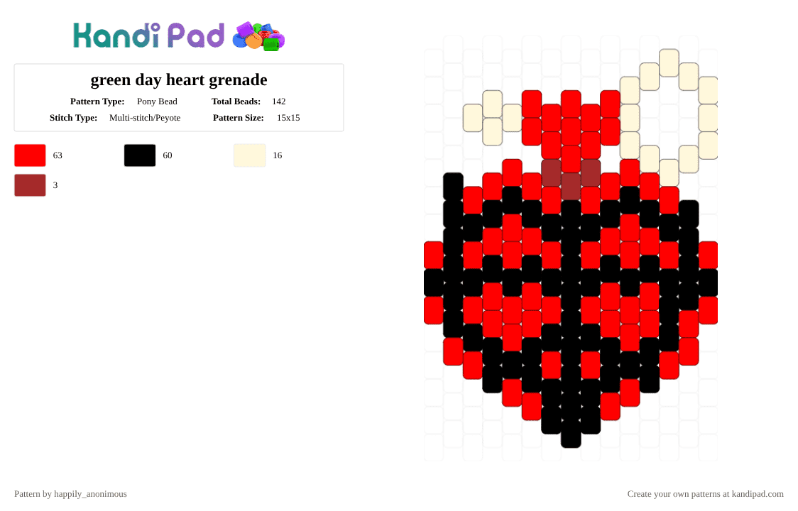 green day heart grenade - Pony Bead Pattern by happily_anonimous on Kandi Pad - black, green day, heart, music, red, rock, white