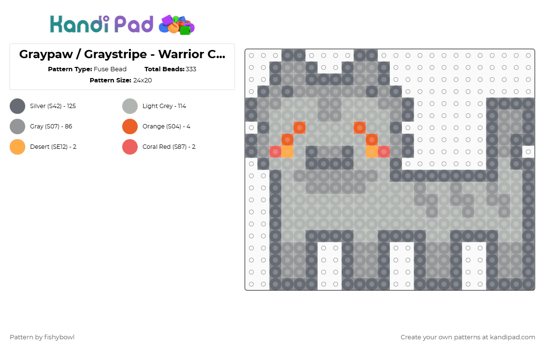 Graypaw / Graystripe - Warrior Cats - Bead Pattern - Fuse Bead Pattern by fishybowl on Kandi Pad - gray,beige,warrior cats,warriors,cat,perler