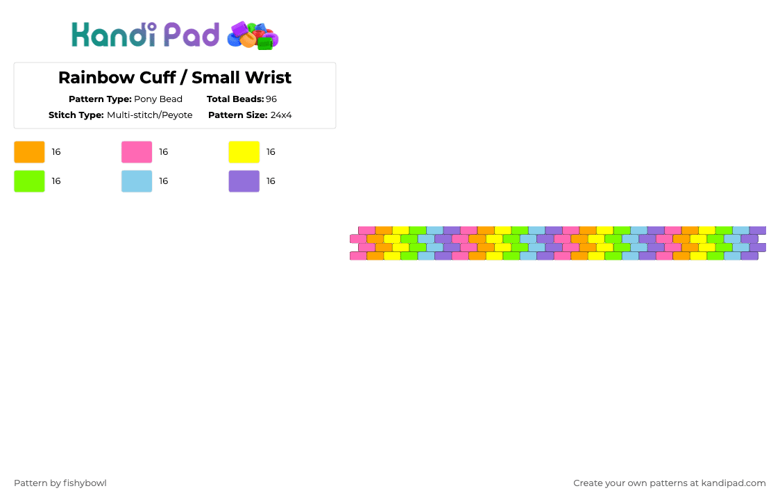 Rainbow Cuff / Small Wrist - Pony Bead Pattern by fishybowl on Kandi Pad - colorful, cuff, green, horizontal, pink, purple, rainbow, small wrist