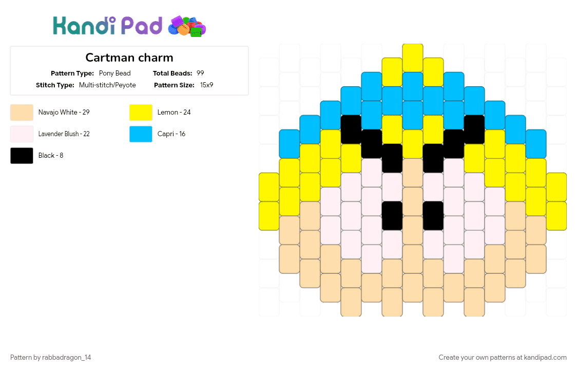 Cartman charm - Pony Bead Pattern by rabbadragon_14 on Kandi Pad - beige, cartman, character, eric cartman, head, south america, southpark, tv show, yellow