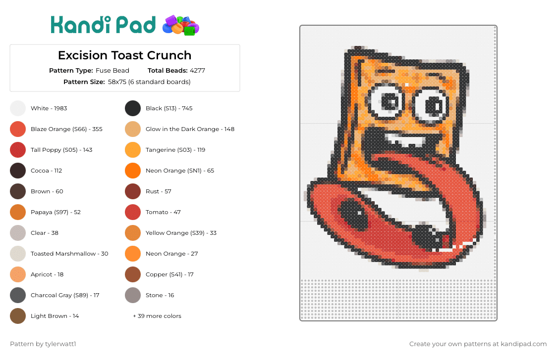 Excision Toast Crunch - Fuse Bead Pattern by tylerwatt1 on Kandi Pad - cinnamon toast crunch,cereal,tongue,orange,red,black,breakfast,character,playful,smiling