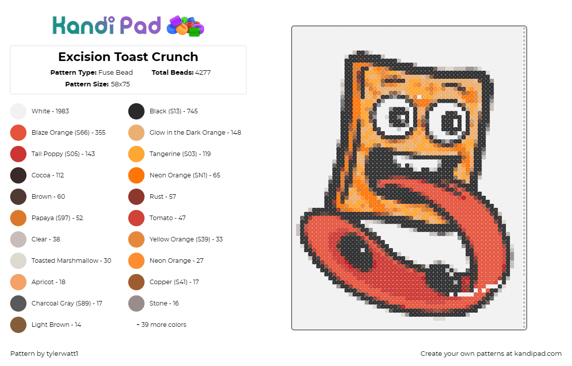 Excision Toast Crunch - Fuse Bead Pattern by tylerwatt1 on Kandi Pad - cinnamon toast crunch,cereal,tongue,orange,red,black,breakfast,character,playful