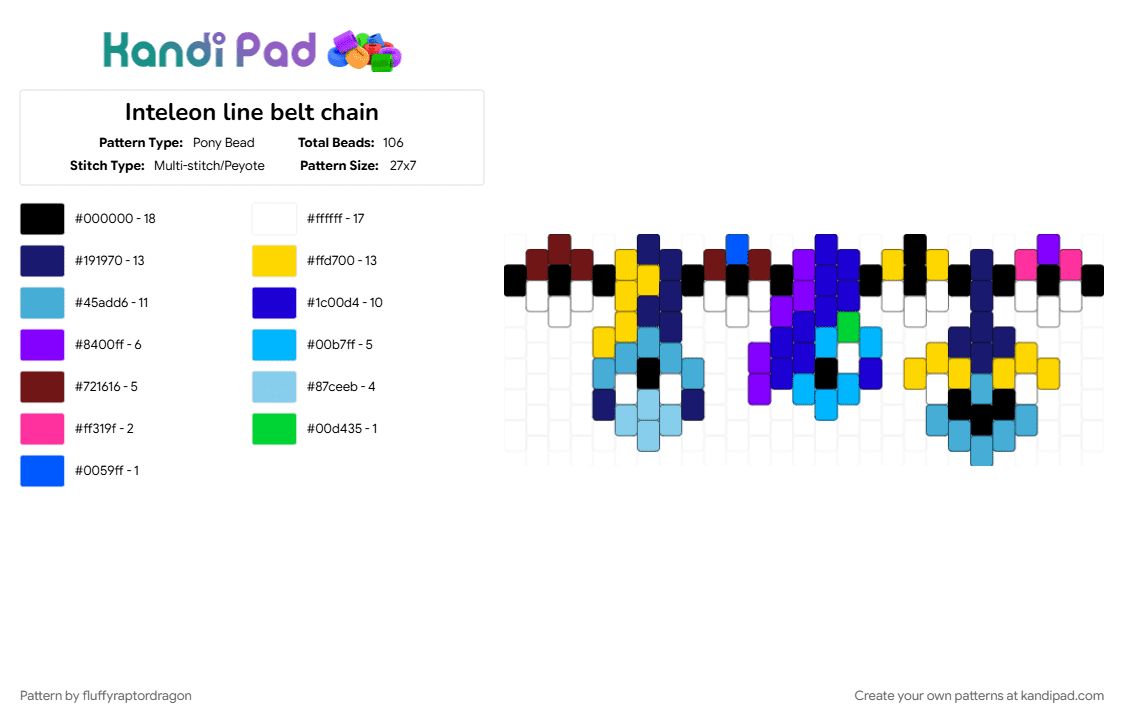 Inteleon line belt chain - Pony Bead Pattern by fluffyraptordragon on Kandi Pad - accessory, belt chain, beltchain, drizzile, inteleon, light blue, pokemon, purple, sobble, starter pokemon, yellow