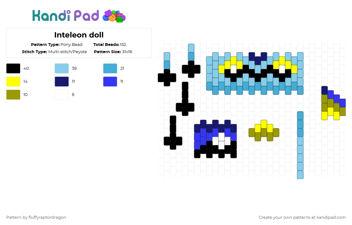 Inteleon doll - Pony Bead Pattern by fluffyraptordragon on Kandi Pad - light blue,pokemon,inteleon,doll