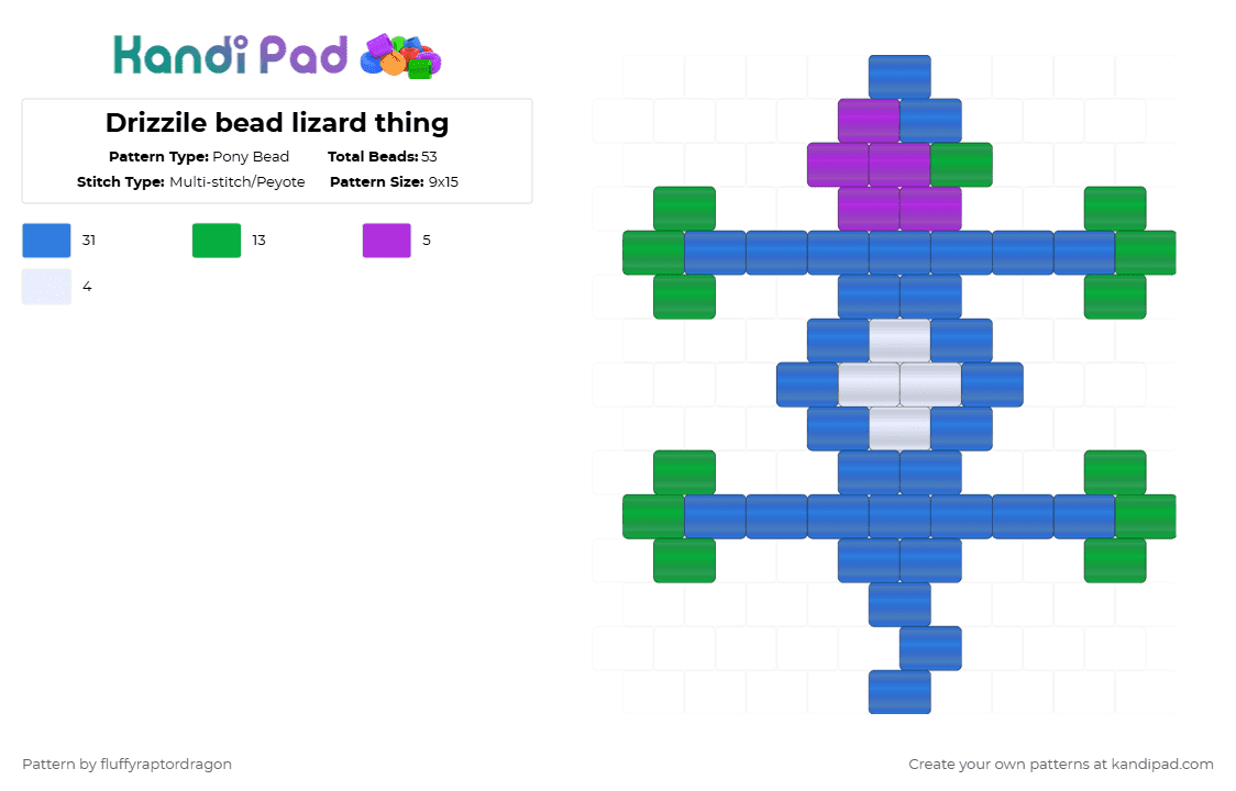 Drizzile bead lizard thing - Pony Bead Pattern by fluffyraptordragon on Kandi Pad - blue,pokemon,lizard