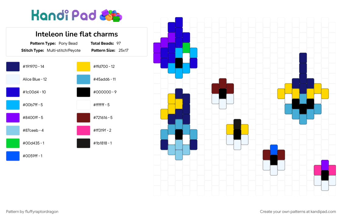 Inteleon line flat charms - Pony Bead Pattern by fluffyraptordragon on Kandi Pad - drizzile, inteleon, light blue, pokemon, purple, sobble, starter pokemon, yellow