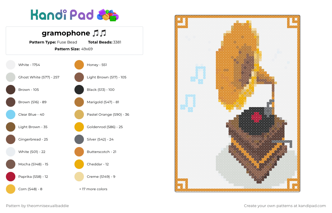 gramophone 🎵🎵 - Fuse Bead Pattern by theomnisexualbaddie on Kandi Pad - white,orange,tan,brown