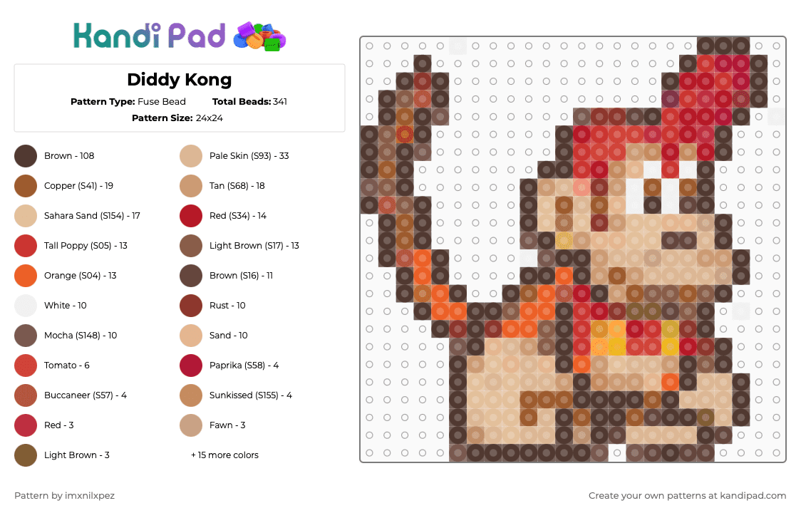 Diddy Kong - Fuse Bead Pattern by imxnilxpez on Kandi Pad - brown,red,tan,beige