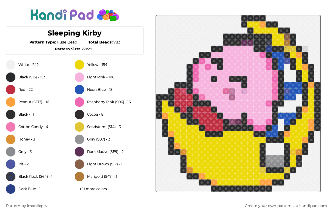 Sleeping Kirby - Fuse Bead Pattern by imxnilxpez on Kandi Pad - white,yellow,pink