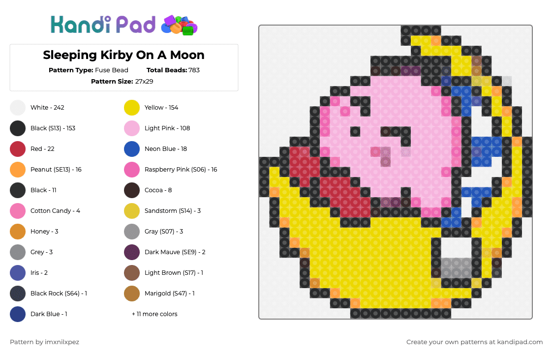 Sleeping Kirby On A Moon - Fuse Bead Pattern by imxnilxpez on Kandi Pad - white,yellow,pink