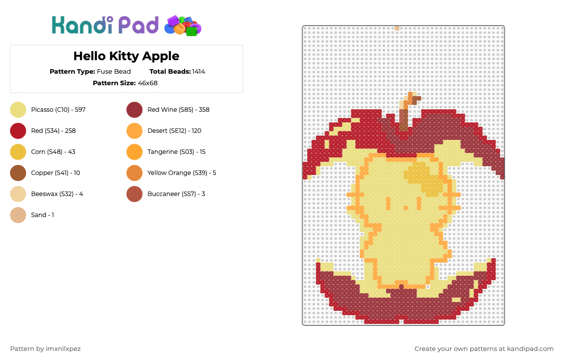 Hello Kitty Apple - Fuse Bead Pattern by imxnilxpez on Kandi Pad - red,yellow