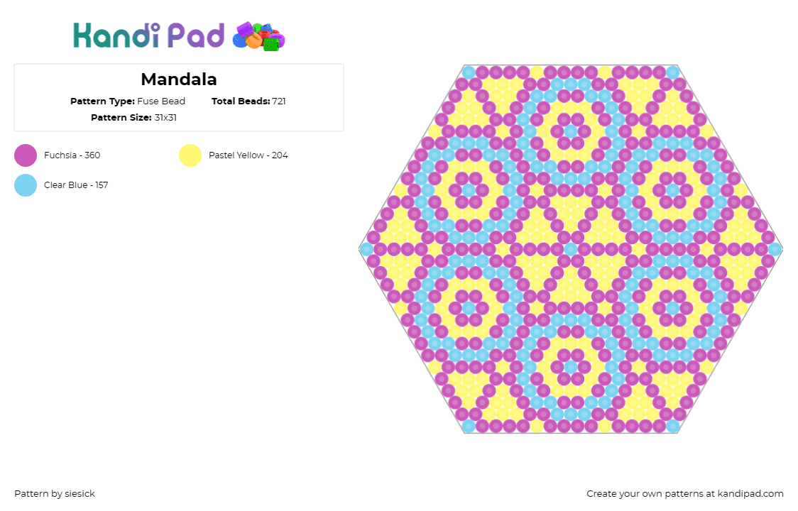 Mandala - Fuse Bead Pattern by siesick on Kandi Pad - mandala,geometric,hexagon,colorful,pastel,light blue,yellow,pink
