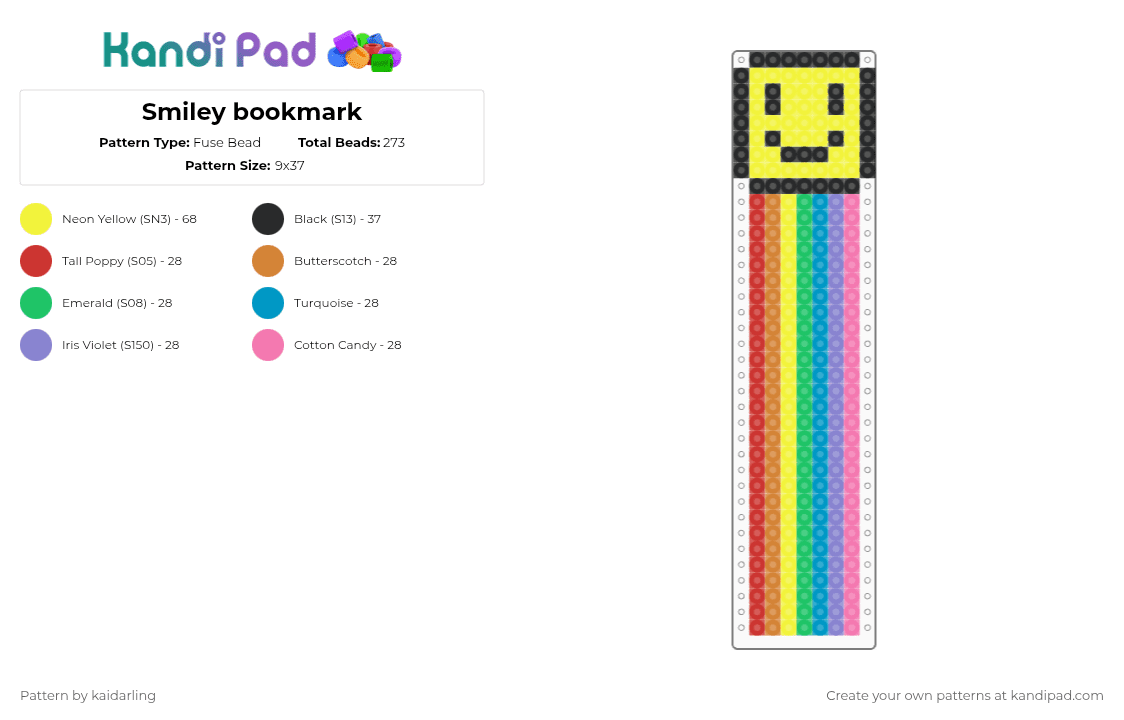 Smiley bookmark - Fuse Bead Pattern by kaidarling on Kandi Pad - yellow,bookmark