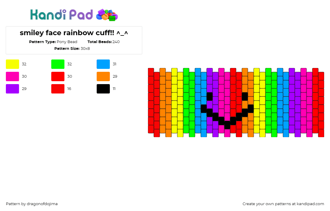 smiley face rainbow cuff!! ^_^ - Pony Bead Pattern by dragonofdojima on Kandi Pad - rainbow,smiley,cuff,happy,colorful,radiant,joy,positivity