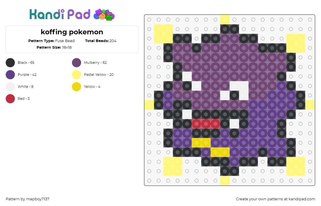 koffing pokemon - Fuse Bead Pattern by mapboy7137 on Kandi Pad - koffing,pokemon,creature,purple,yellow,gray