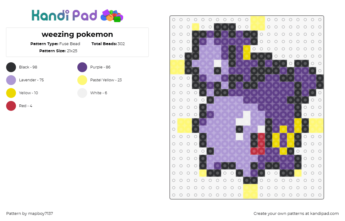 weezing pokemon - Fuse Bead Pattern by mapboy7137 on Kandi Pad - weezing,pokemon,creature,purple,yellow,red,gray