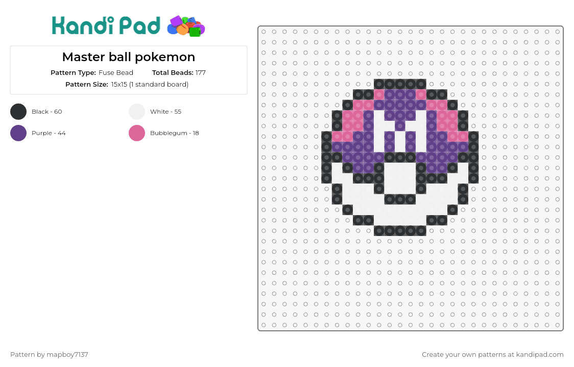 Master ball pokemon - Fuse Bead Pattern by mapboy7137 on Kandi Pad - master ball,pokeball,pokemon,gaming,iconic,adventure,purple,pink,white,black