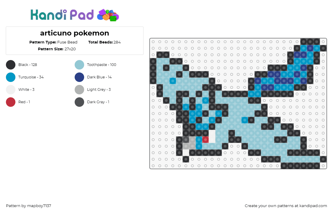 articuno pokemon - Fuse Bead Pattern by mapboy7137 on Kandi Pad - articuno,pokemon,icy,elegance,crystallize,wintry,legendary,blue