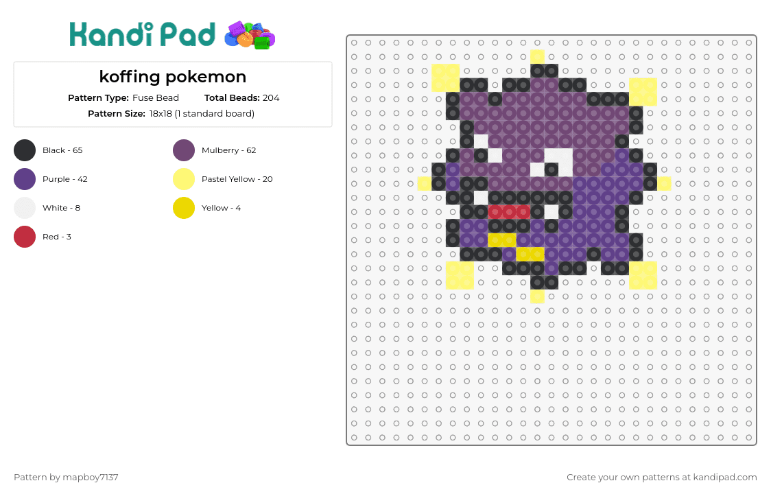 koffing pokemon - Fuse Bead Pattern by mapboy7137 on Kandi Pad - koffing,pokemon,creature,purple,yellow,gray