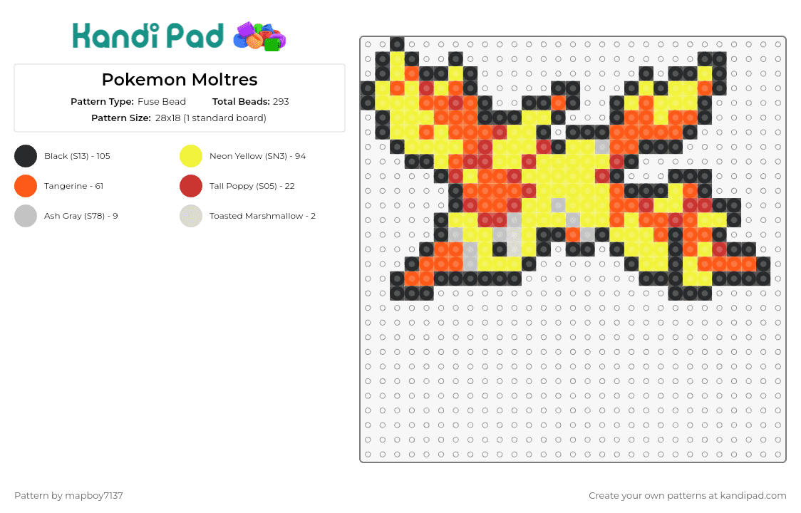 Pokemon Moltres - Fuse Bead Pattern by mapboy7137 on Kandi Pad - moltres,pokemon,legendary bird,fiery colors,orange,yellow,red,flame design,mythical,vibrant