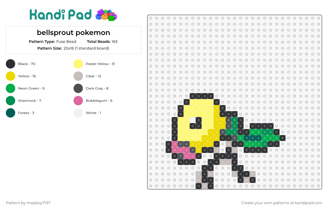 bellsprout pokemon - Fuse Bead Pattern by mapboy7137 on Kandi Pad - bellsprout,pokemon,nostalgic,character,yellow,green,black
