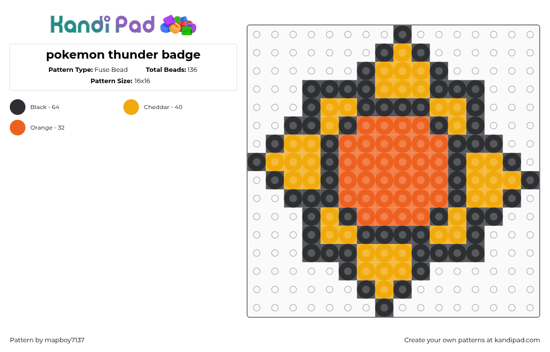 pokemon thunder badge - Fuse Bead Pattern by mapboy7137 on Kandi Pad - black,orange