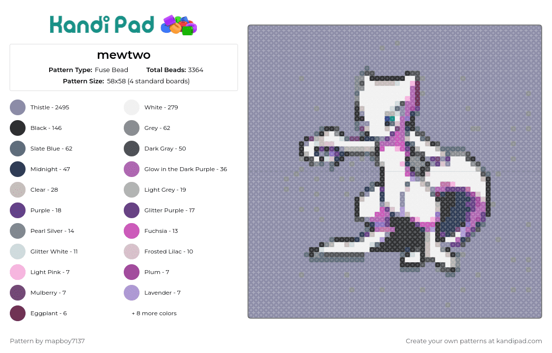 mewtwo - Fuse Bead Pattern by mapboy7137 on Kandi Pad - mewtwo,pokemon,legendary,dynamic,pose,display,themed,collection,shades,purple
