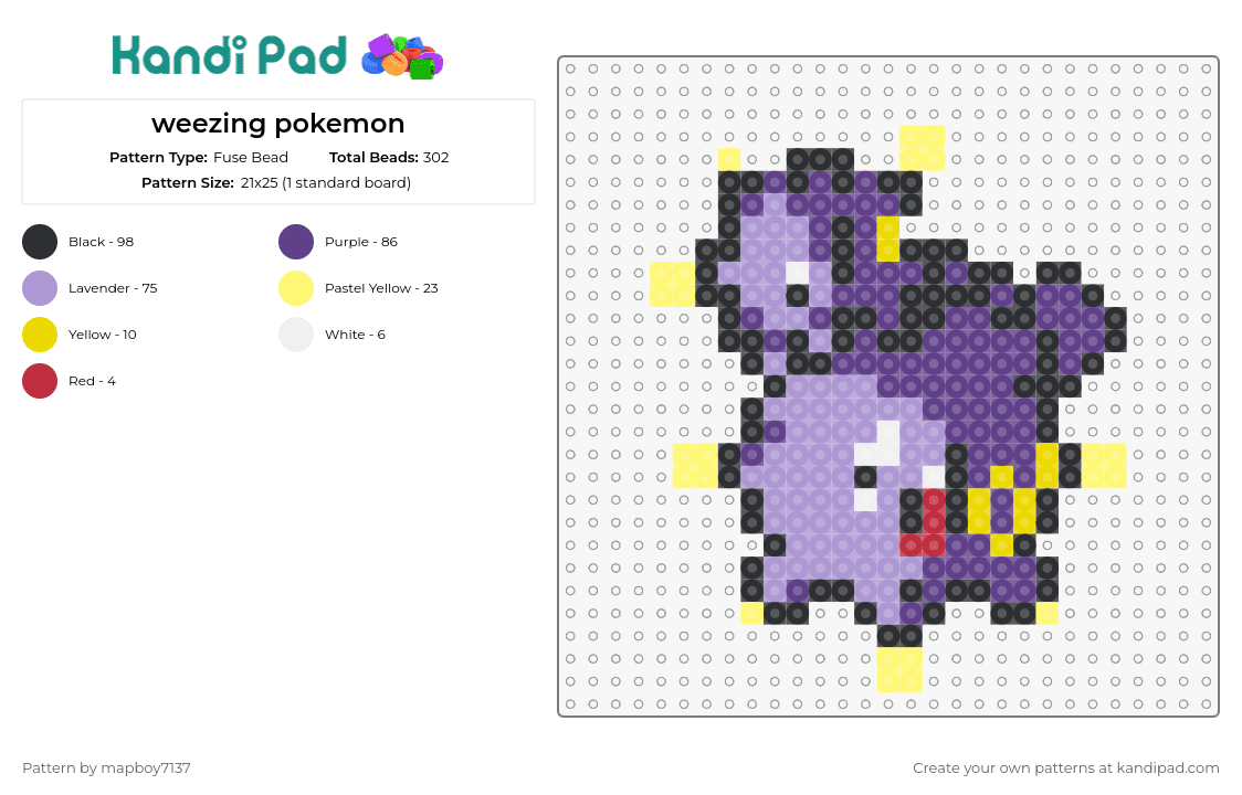 weezing pokemon - Fuse Bead Pattern by mapboy7137 on Kandi Pad - weezing,pokemon,creature,purple,yellow,red,gray