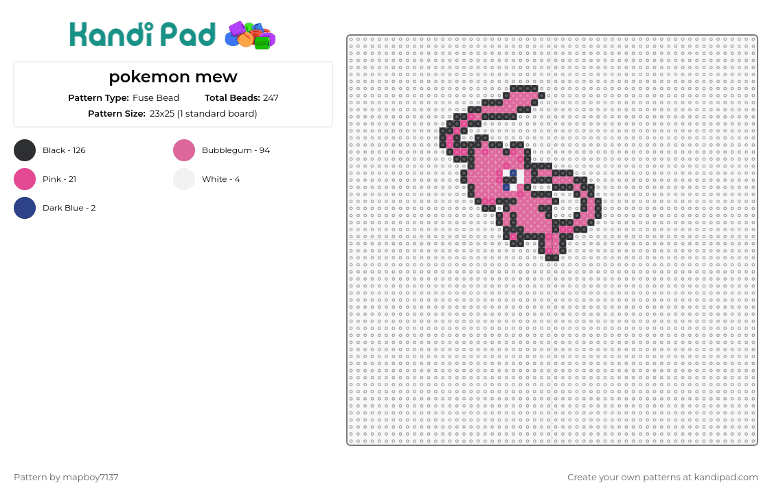 pokemon mew - Fuse Bead Pattern by mapboy7137 on Kandi Pad - mew,pokemon,cute,fun,colorful,nintendo,legendary,pink