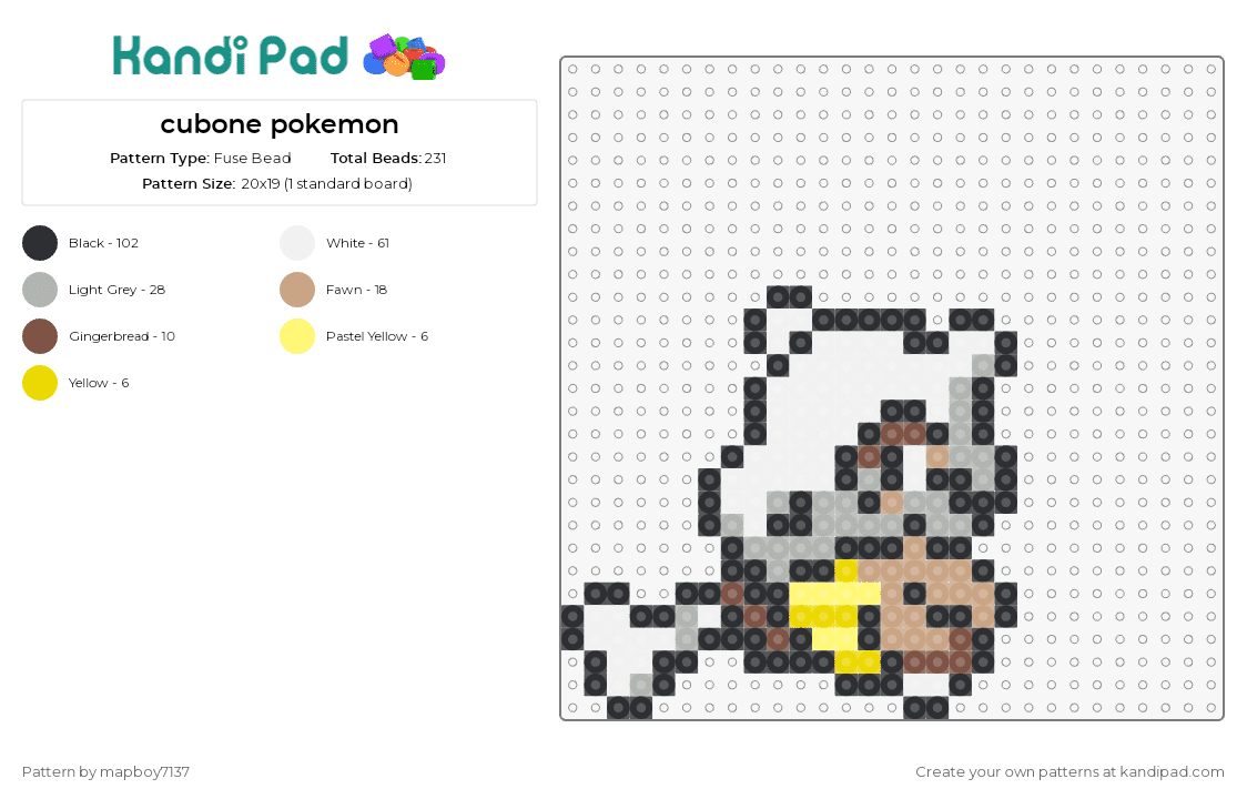 cubone pokemon - Fuse Bead Pattern by mapboy7137 on Kandi Pad - cubone,pokemon,skull,bone,creature,animated,beige,white,brown
