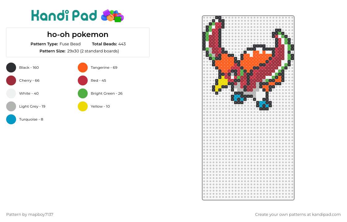ho-oh pokemon - Fuse Bead Pattern by mapboy7137 on Kandi Pad - ho-oh,pokemon,majestic,mythical,vibrant,fiery,soar,collection,red,orange